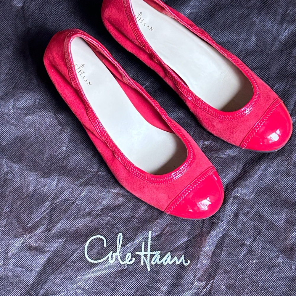 Cole Haan Women's Red Suede Wedge Pump with Patent Toe in size 9.5